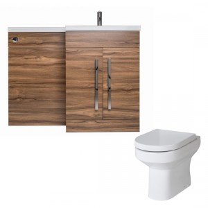 Calm Walnut Right Hand Combination Vanity Unit Basin L Shape with Back to Wall Calgary Toilet &amp; Soft Close Seat &amp; Concealed Cistern - 1100mm