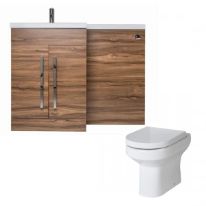 Calm Walnut Left Hand Combination Vanity Unit Basin L Shape with Back to Wall Calgary Toilet &amp; Soft Close Seat &amp; Concealed Cistern - 1100mm