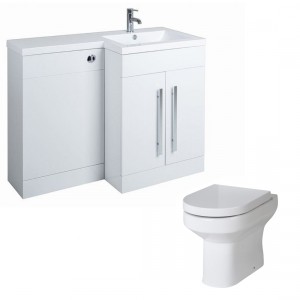 Calm White Right Hand Combination Vanity Unit Basin L Shape with Back to Wall Calgary Toilet &amp; Soft Close Seat &amp; Concealed Cistern - 1100mm
