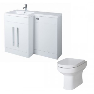 Calm White Left Hand Combination Vanity Unit Basin L Shape with Back to Wall Calgary Toilet &amp; Soft Close Seat &amp; Concealed Cistern - 1100mm
