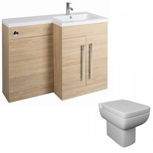 Calm Light Oak Right Hand Combination Vanity Unit Basin L Shape with Back to Wall Feel 600 Toilet & Soft Close Seat & Concealed Cistern - 1100mm