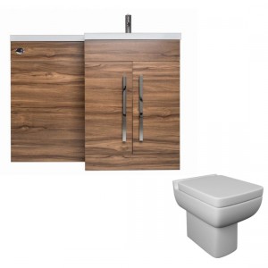 Calm Walnut Right Hand Combination Vanity Unit Basin L Shape with Back to Wall Feel 600 Toilet & Soft Close Seat & Concealed Cistern - 1100mm