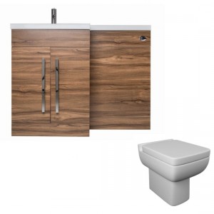Calm Walnut Left Hand Combination Vanity Unit Basin L Shape with Back to Wall Feel 600 Toilet & Soft Close Seat & Concealed Cistern - 1100mm