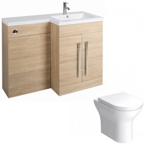 Calm Light Oak Right Hand Combination Vanity Unit Basin L Shape with Back to Wall Fresh Curved Toilet & Soft Close Seat & Concealed Cistern - 1100mm
