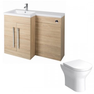 Calm Light Oak Left Hand Combination Vanity Unit Basin L Shape with Back to Wall Fresh Curved Toilet & Soft Close Seat & Concealed Cistern - 1100mm