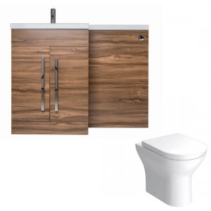Calm Walnut Left Hand Combination Vanity Unit Basin L Shape with Back to Wall Fresh Curved Toilet & Soft Close Seat & Concealed Cistern - 1100mm