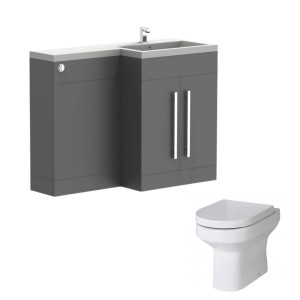 Calm Gloss Grey Right Hand Combination Vanity Unit Basin L Shape with Back to Wall Calgary Toilet &amp; Soft Close Seat &amp; Concealed Cistern - 1100mm