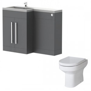 Calm Gloss Grey Left Hand Combination Vanity Unit Basin L Shape with Back to Wall Calgary Toilet &amp; Soft Close Seat &amp; Concealed Cistern - 1100mm