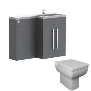 Calm Gloss Grey Right Hand Combination Vanity Unit Basin L Shape with Back to Wall Feel 600 Toilet & Soft Close Seat & Concealed Cistern - 1100mm