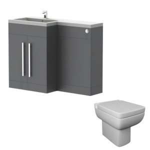 Calm Gloss Grey Left Hand Combination Vanity Unit Basin L Shape with Back to Wall Feel 600 Toilet & Soft Close Seat & Concealed Cistern - 1100mm
