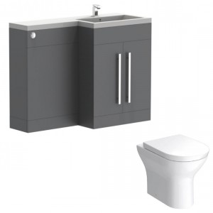Calm Gloss Grey Right Hand Combination Vanity Unit Basin L Shape with Back to Wall Fresh Curved Toilet & Soft Close Seat & Concealed Cistern - 1100mm