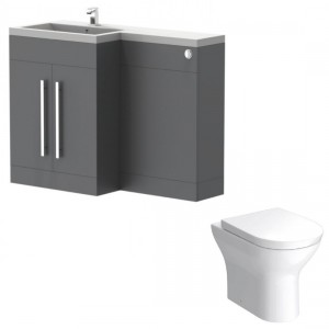 Calm Gloss Grey Left Hand Combination Vanity Unit Basin L Shape with Back to Wall Fresh Curved Toilet & Soft Close Seat & Concealed Cistern - 1100mm