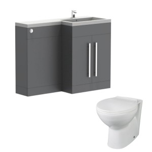Calm Gloss Grey Right Hand Combination Vanity Unit Basin L Shape with Back to Wall Splash Toilet &amp; Soft Close Seat &amp; Concealed Cistern - 1100mm