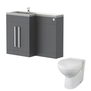 Calm Gloss Grey Left Hand Combination Vanity Unit Basin L Shape with Back to Wall Splash Toilet &amp; Soft Close Seat &amp; Concealed Cistern - 1100mm