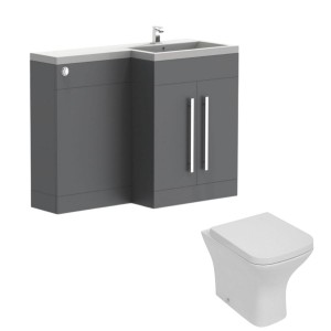 Calm Gloss Grey Right Hand Combination Vanity Unit Basin L Shape with Back to Wall Feel Curved Toilet & Soft Close Seat & Concealed Cistern - 1100mm