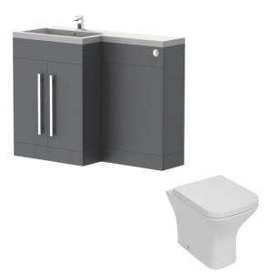 Calm Gloss Grey Left Hand Combination Vanity Unit Basin L Shape with Back to Wall Feel Curved Toilet & Soft Close Seat & Concealed Cistern - 1100mm