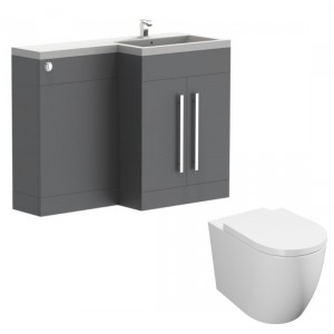 Calm Gloss Grey Right Hand Combination Vanity Unit Basin L Shape with Back to Wall Cordoba Toilet &amp; Soft Close Seat &amp; Concealed Cistern - 1100mm
