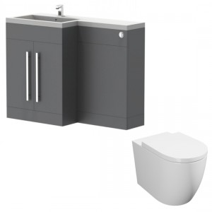 Calm Gloss Grey Left Hand Combination Vanity Unit Basin L Shape with Back to Wall Cordoba Toilet &amp; Soft Close Seat &amp; Concealed Cistern - 1100mm