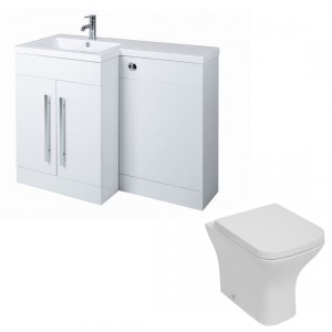 Calm White Left Hand Combination Vanity Unit Basin L Shape with Back to Wall Feel Curved Toilet & Soft Close Seat & Concealed Cistern - 1100mm