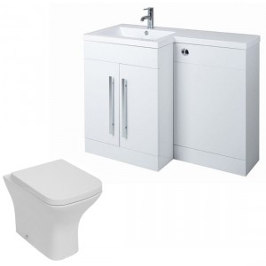 Calm White Left Hand Combination Vanity Unit Basin L Shape with Back to Wall Feel Curved Toilet & Soft Close Seat & Concealed Cistern - 1100mm