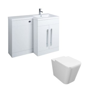Calm White Right Hand Combination Vanity Unit Basin L Shape with Back to Wall Cordoba Square Toilet &amp; Soft Close Seat &amp; Concealed Cistern - 1100mm