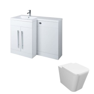 Calm White Left Hand Combination Vanity Unit Basin L Shape with Back to Wall Cordoba Square Toilet &amp; Soft Close Seat &amp; Concealed Cistern - 1100mm