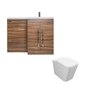 Calm Walnut Right Hand Combination Vanity Unit Basin L Shape with Back to Wall Cordoba Square Toilet &amp; Soft Close Seat &amp; Concealed Cistern - 1100mm