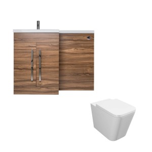 Calm Walnut Left Hand Combination Vanity Unit Basin L Shape with Back to Wall Cordoba Square Toilet &amp; Soft Close Seat &amp; Concealed Cistern - 1100mm