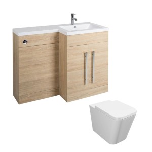 Calm Light Oak Right Hand Combination Vanity Unit Basin L Shape with Back to Wall Cordoba Square Toilet &amp; Soft Close Seat &amp; Concealed Cistern - 1100mm