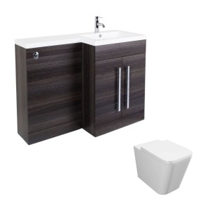 Calm Grey Right Hand Combination Vanity Unit Basin L Shape with Back to Wall Cordoba Square Toilet &amp; Soft Close Seat &amp; Concealed Cistern - 1100mm