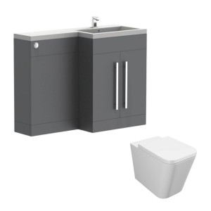 Calm Gloss Grey Right Hand Combination Vanity Unit Basin L Shape with Back to Wall Cordoba Square Toilet &amp; Soft Close Seat &amp; Concealed Cistern - 1100mm