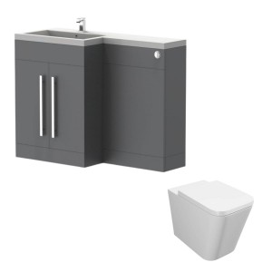 Calm Gloss Grey Left Hand Combination Vanity Unit Basin L Shape with Back to Wall Cordoba Square Toilet &amp; Soft Close Seat &amp; Concealed Cistern - 1100mm