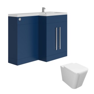 Calm Matt Blue Right Hand Combination Vanity Unit Basin L Shape with Back to Wall Cordoba Square Toilet &amp; Soft Close Seat &amp; Concealed Cistern - 1100mm