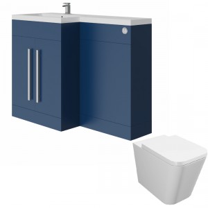 Calm Matt Blue Left Hand Combination Vanity Unit Basin L Shape with Back to Wall Cordoba Square Toilet &amp; Soft Close Seat &amp; Concealed Cistern - 1100mm