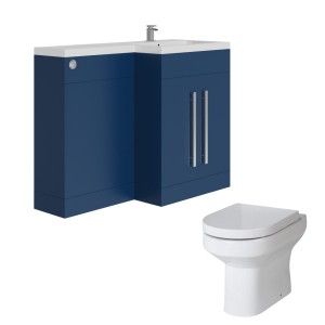 Calm Matt Blue Right Hand Combination Vanity Unit Basin L Shape with Back to Wall Calgary Toilet &amp; Soft Close Seat &amp; Concealed Cistern - 1100mm
