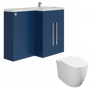 Calm Matt Blue Right Hand Combination Vanity Unit Basin L Shape with Back to Wall Cordoba Toilet &amp; Soft Close Seat &amp; Concealed Cistern - 1100mm