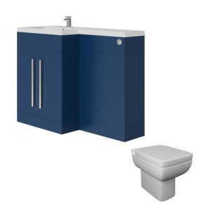 Calm Matt Blue Left Hand Combination Vanity Unit Basin L Shape with Back to Wall Feel 600 Toilet & Soft Close Seat & Concealed Cistern - 1100mm