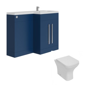 Calm Matt Blue Right Hand Combination Vanity Unit Basin L Shape with Back to Wall Feel Curved Toilet & Soft Close Seat & Concealed Cistern - 1100mm