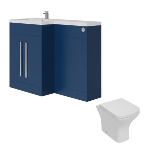 Calm Matt Blue Left Hand Combination Vanity Unit Basin L Shape with Back to Wall Feel Curved Toilet & Soft Close Seat & Concealed Cistern - 1100mm