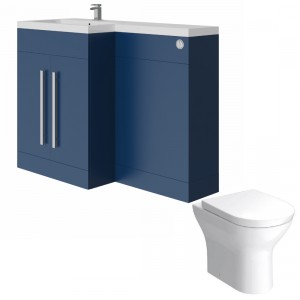 Calm Matt Blue Left Hand Combination Vanity Unit Basin L Shape with Back to Wall Fresh Curved Toilet & Soft Close Seat & Concealed Cistern - 1100mm
