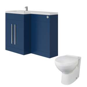 Calm Matt Blue Left Hand Combination Vanity Unit Basin L Shape with Back to Wall Splash Toilet & Soft Close Seat & Concealed Cistern - 1100mm