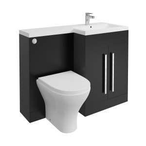 Calm Matt Black Right Hand Combination Vanity Unit Basin L Shape with Back to Wall Fresh Curved Toilet & Soft Close Seat & Concealed Cistern - 1100mm