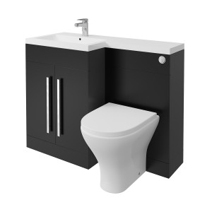 Calm Matt Black Left Hand Combination Vanity Unit Basin L Shape with Back to Wall Fresh Curved Toilet & Soft Close Seat & Concealed Cistern - 1100mm