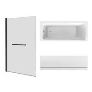 Sawley 1700 x 700mm Straight Bath Single Ended with Front Panel and Square Black Bath Screen with Towel Rail