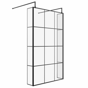 Wasdale 1200mm Black Grid Walk Through Wet Room Screen with 215mm Hinged Return Screens & L- Shape Support Arms