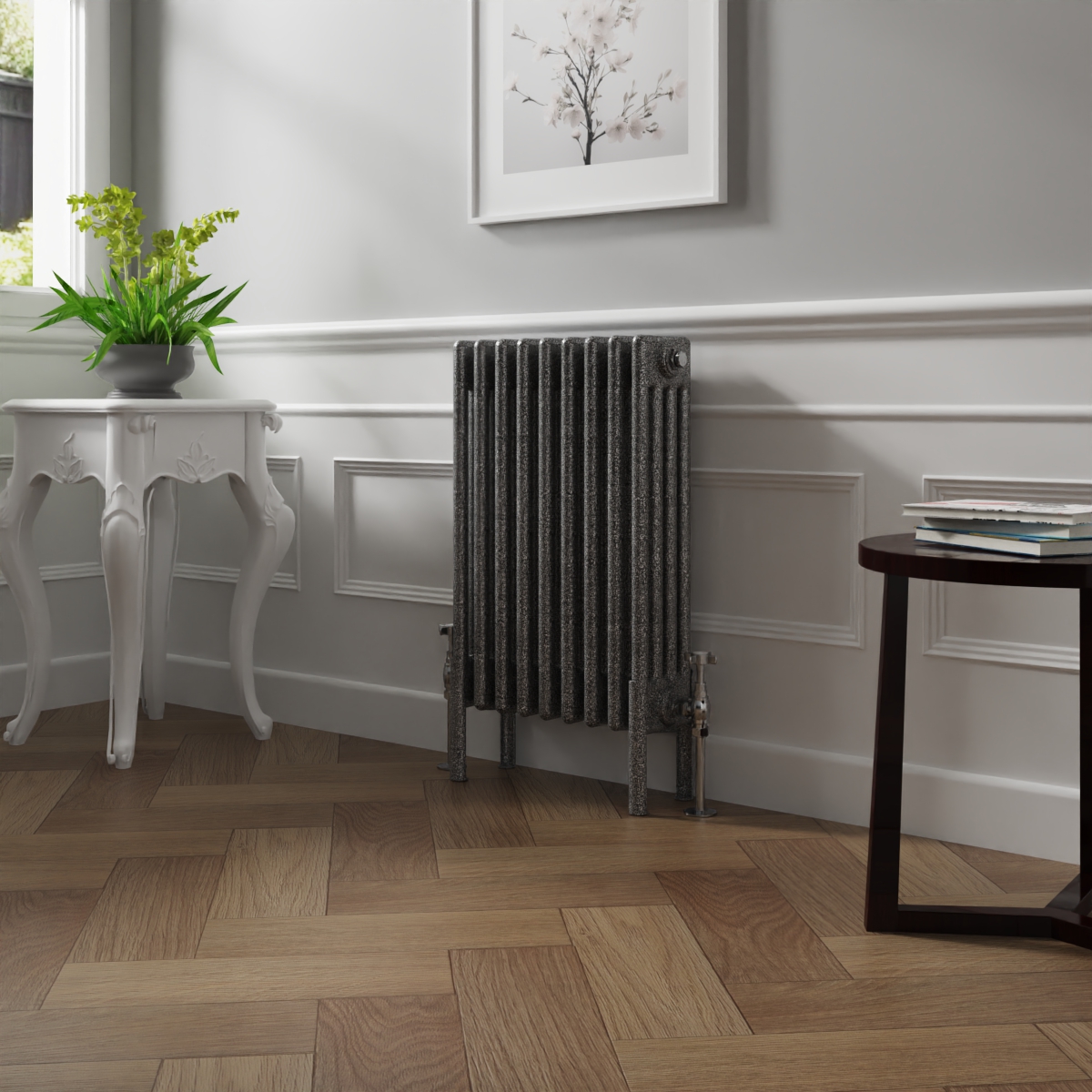 Bern 600 x 425mm Black Silver Four Column Horizontal Traditional Radiator