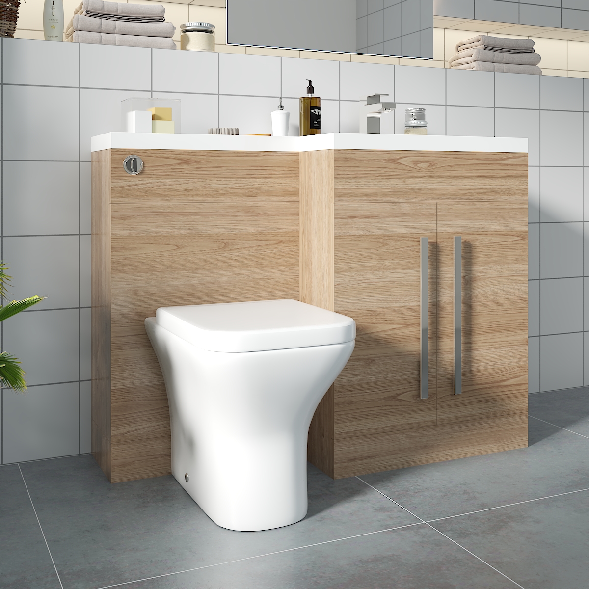 Calm Light Oak Right Hand Combination Vanity Unit Basin L Shape with Back to Wall Feel Curved Toilet & Soft Close Seat & Concealed Cistern - 1100mm