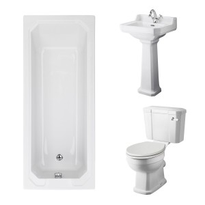 Wellington Close Coupled Toilet with Sand Seat & 500mm 1 Tap Hole Basin with 1700 x 700mm Traditional Straight Bath Single Ended