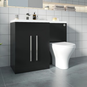 Calm Matt Black Left Hand Combination Vanity Unit Basin L Shape with Back to Wall Fresh Curved Toilet & Soft Close Seat & Concealed Cistern - 1100mm