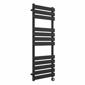Juva 1200 x 450mm Satin Black Flat Panel Thermostatic Touch Control Wifi Electric Heated Towel Rail